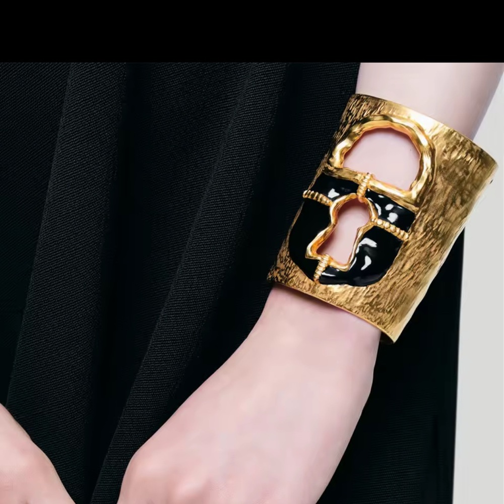 Bold Gold  tone Statement Cuff Bracelet with Black Enamel Accent